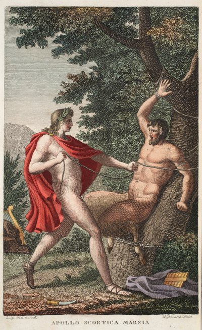 Marsyas is Flayed by Apollo, Book VI, illustration from Ovid